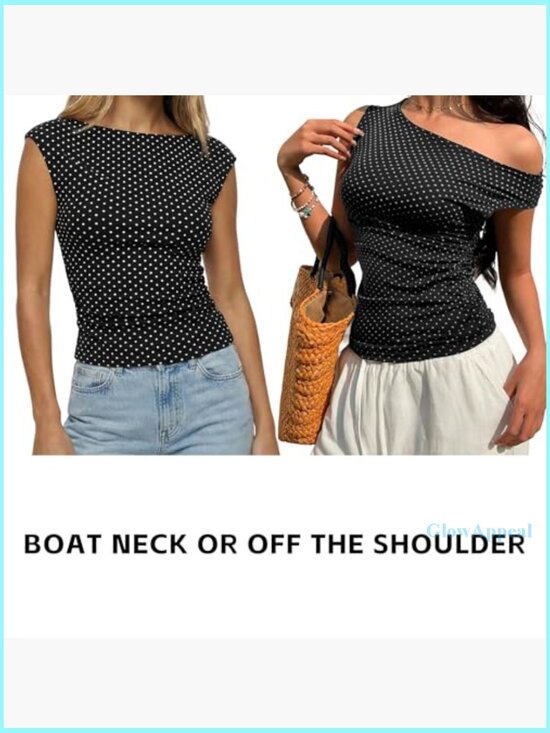 Off Shoulder Sleeveless Tank Top Ruched Slim Fit Polka Dot Y2K - Picture 4 of 7
